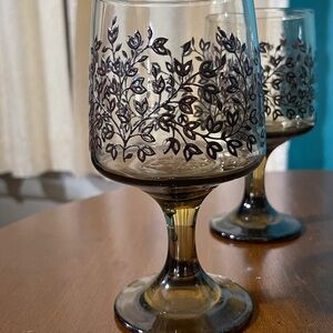Vintage Libbey Charleston Brown Floral Wine Glasses